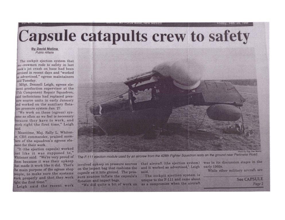 Newspaper article about F-111 68-0040 crew capsule escape