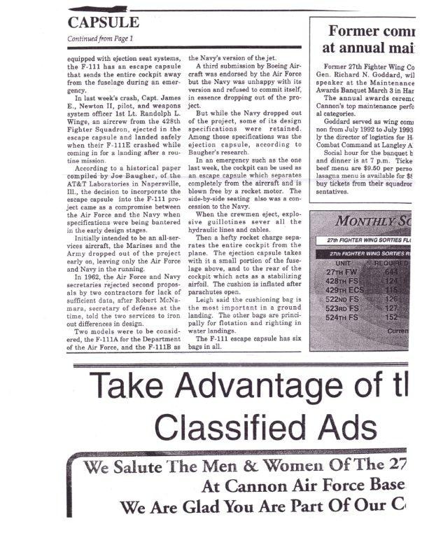 Newspaper continuation page about F-111 escape capsule system