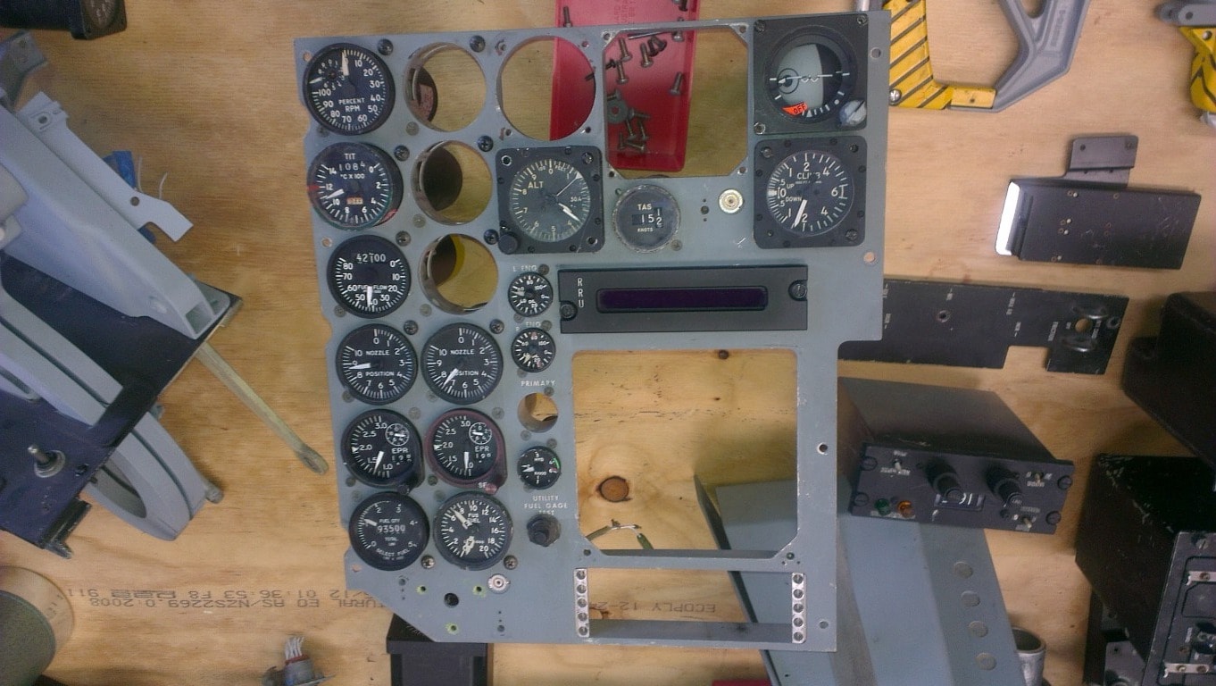 F-111 instrument panel on workbench during restoration