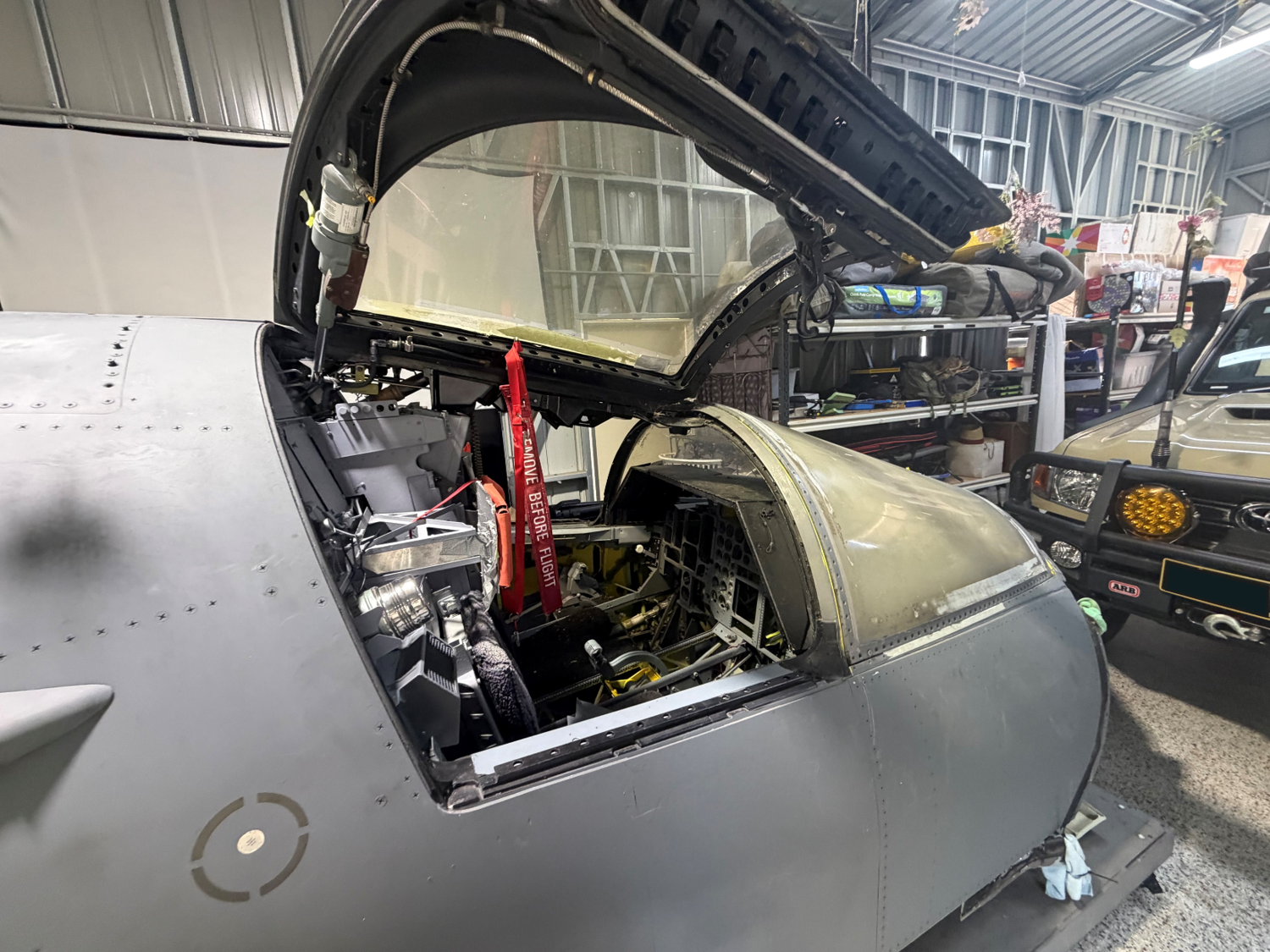 F-111 cockpit open showing internal structure in Brisbane workshop