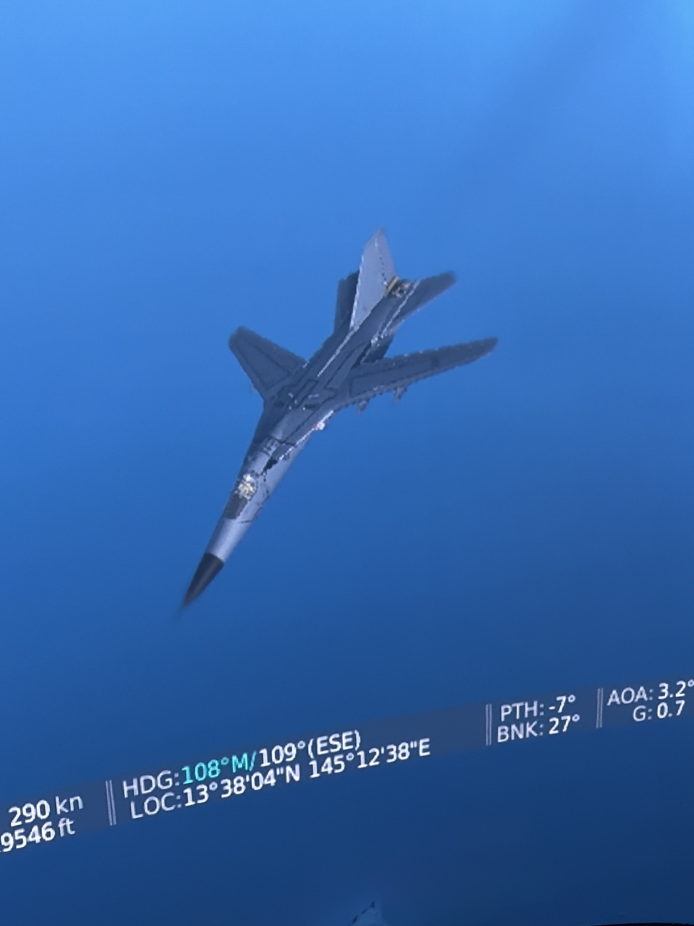 DCS F-111 in flight showing live telemetry overlay — airspeed 290 kn, altitude 9546 ft, heading 108°, pitch -7°, bank 27°, AOA 3.2°